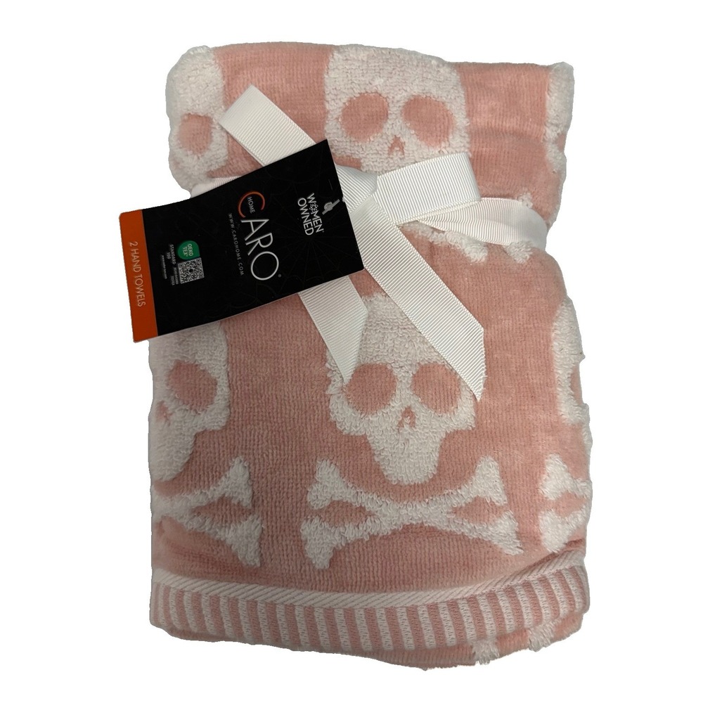 New CARO Home Halloween Skull Crossbones Hand Towel Set Pink, White 2 Towels